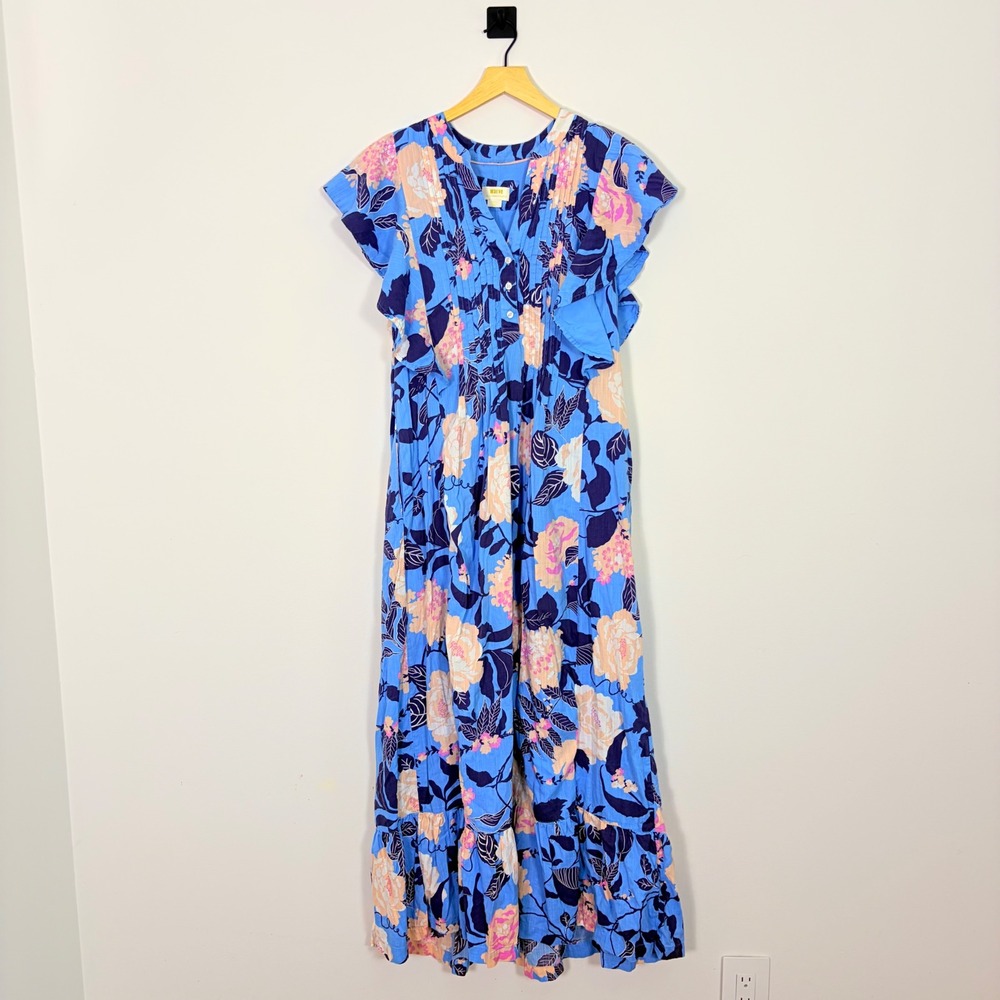 Maeve Anthropologie Cassandra Maxi Dress Blue Floral Flutter Sleeve Small - Picture 2 of 8
